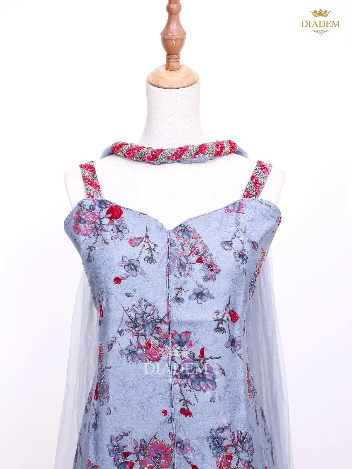 Light Grey Blue Floral Print And Bead Work Sharara Salwar Suit