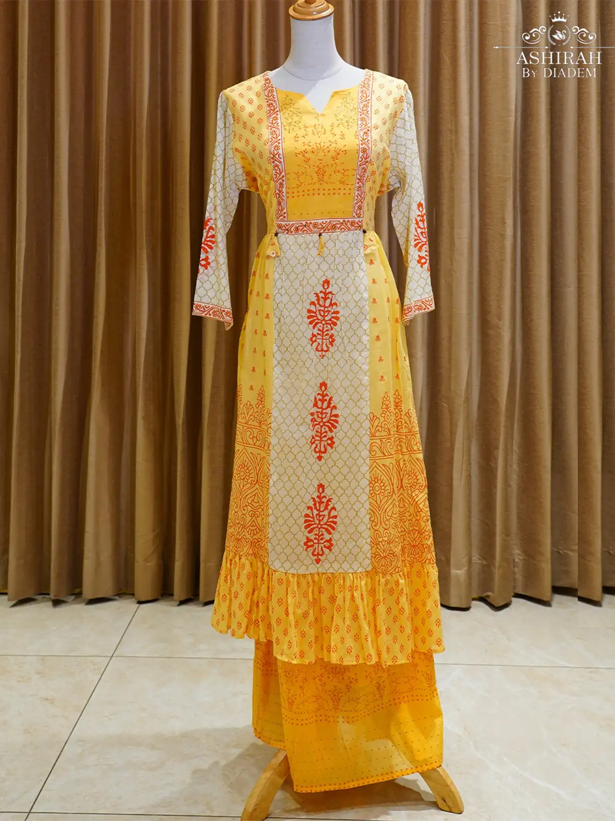 Dark Yellow Leaf Print Angrakha Salwar Suit With Pouch