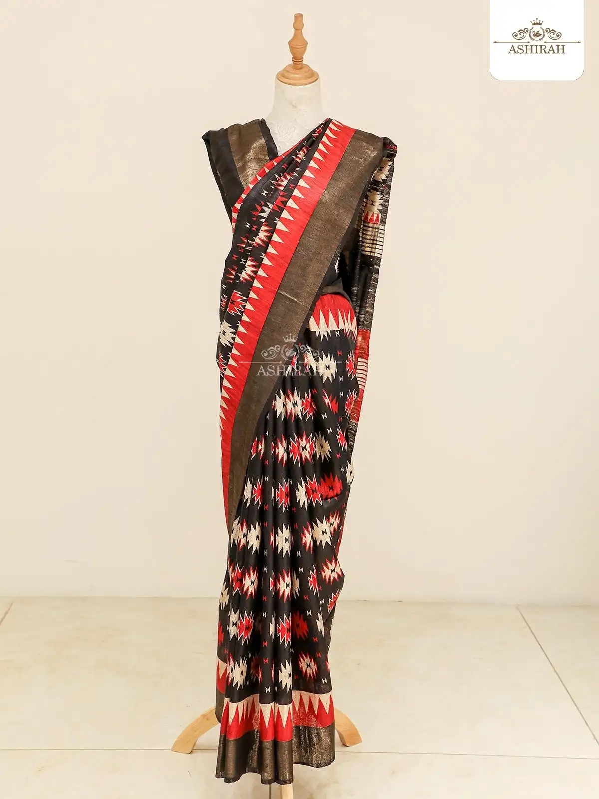 Black Tussar Silk Saree Adorned in Geometric Prints with Antique Zari and Temple Border