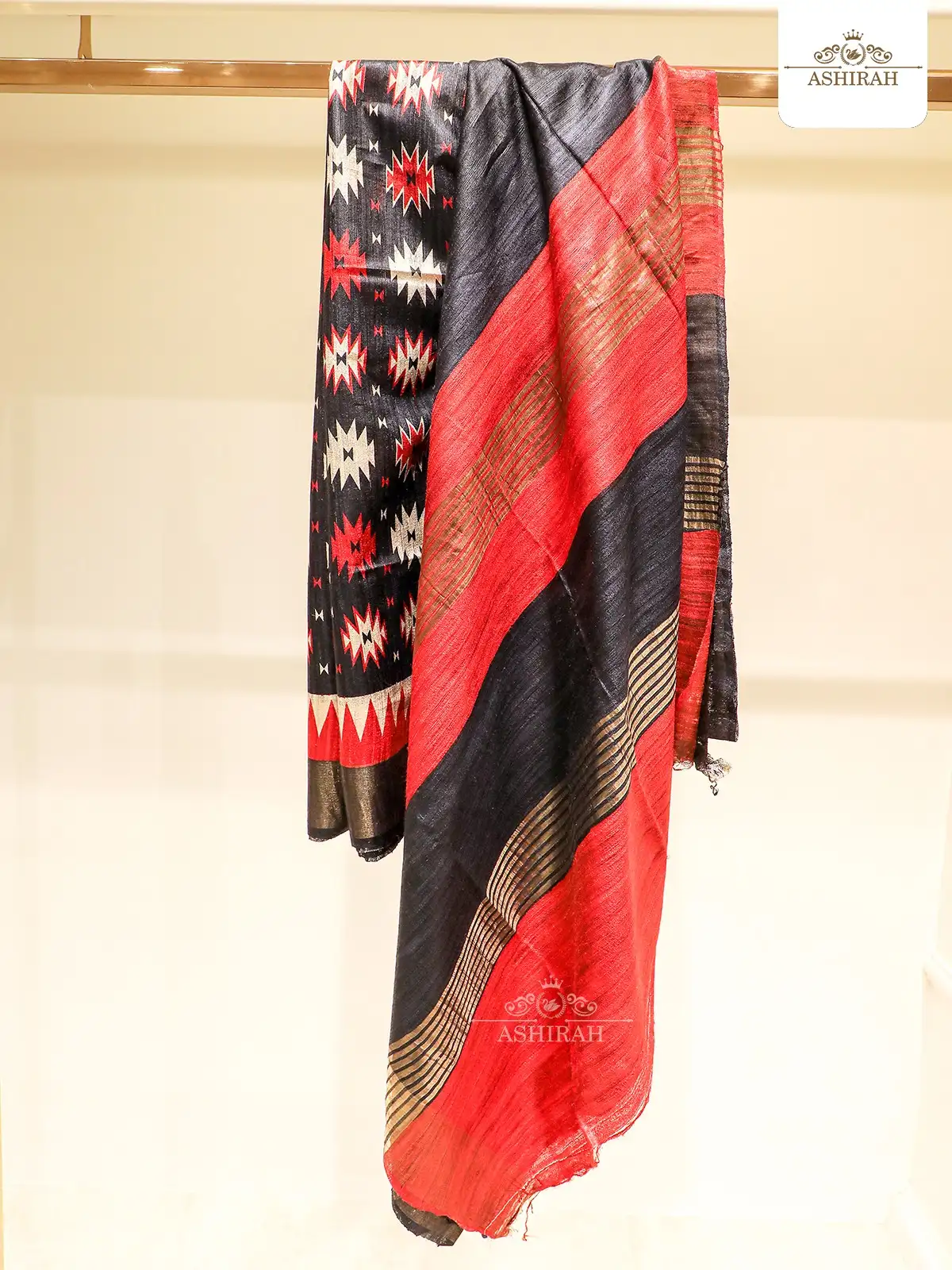 Black Tussar Silk Saree Adorned In Geometric Prints With Antique Zari And Temple Border
