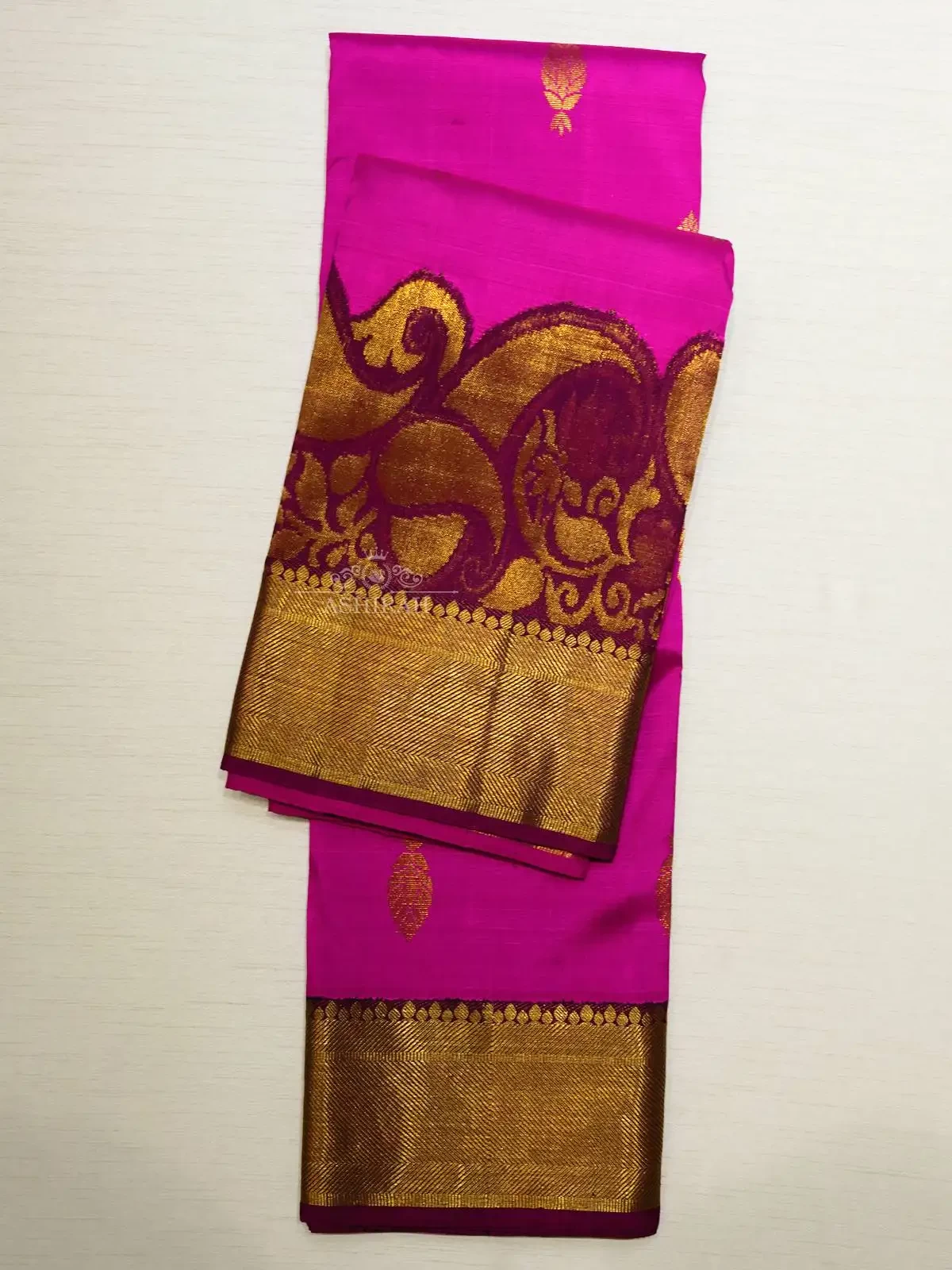 Dark Pink Pure Kanchipuram (Bridal) Korvai Silk Saree with Leaf Motifs on the body and Zari Border