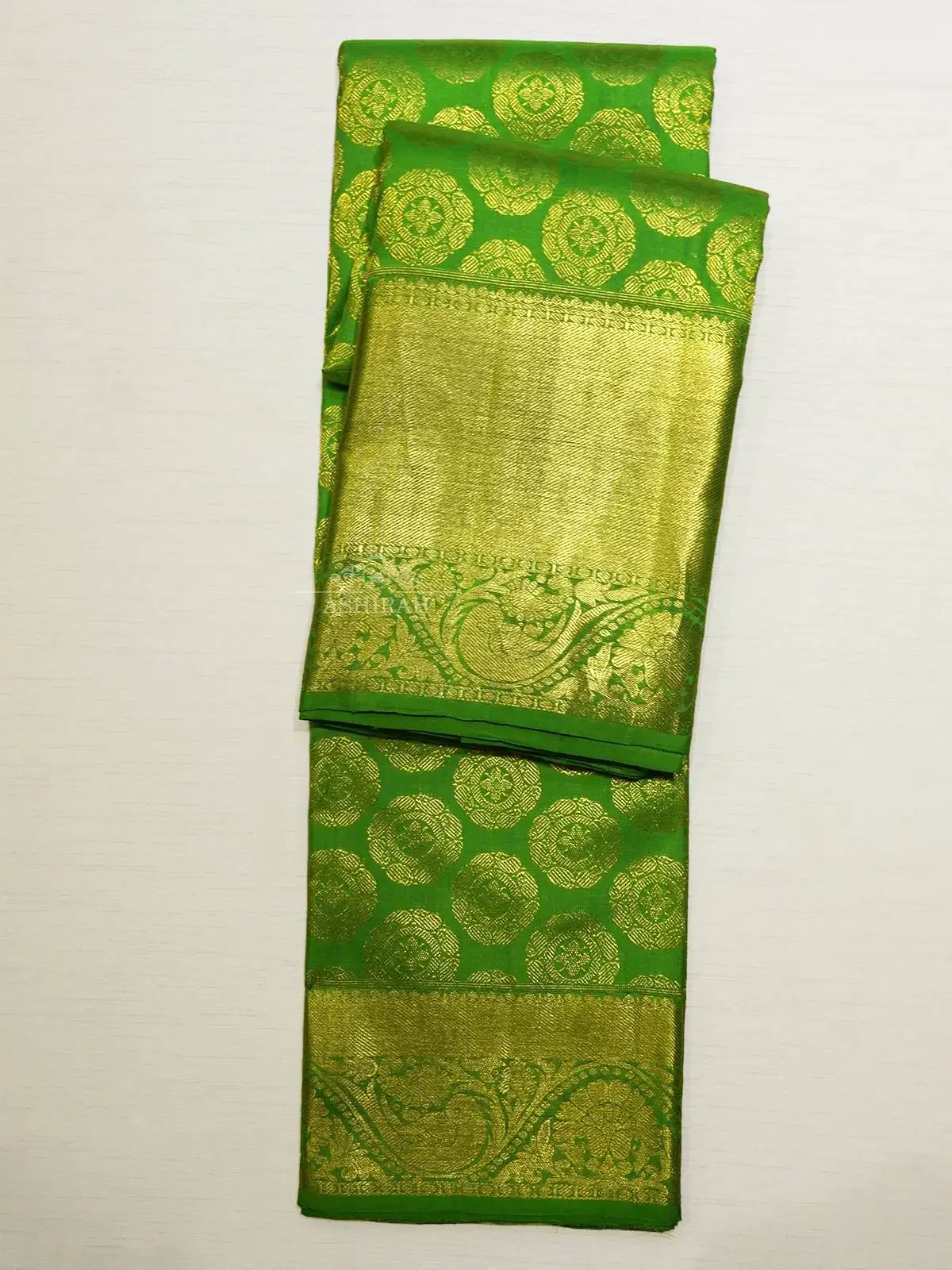 Parrot Green Pure Kanchipuram Silk Saree with Brocade on the body and Flower Motifs Zari Border