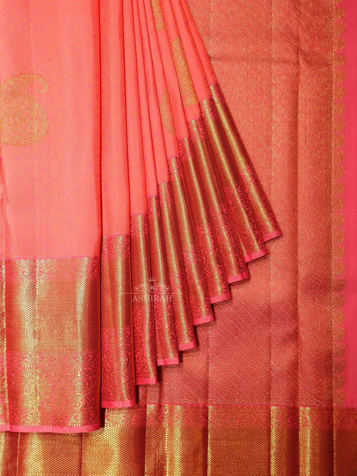 Pink Pure Kanchipuram Silk Saree With Brocade And Paisley Motifs On The Body And Peacock Motifs Zari Border