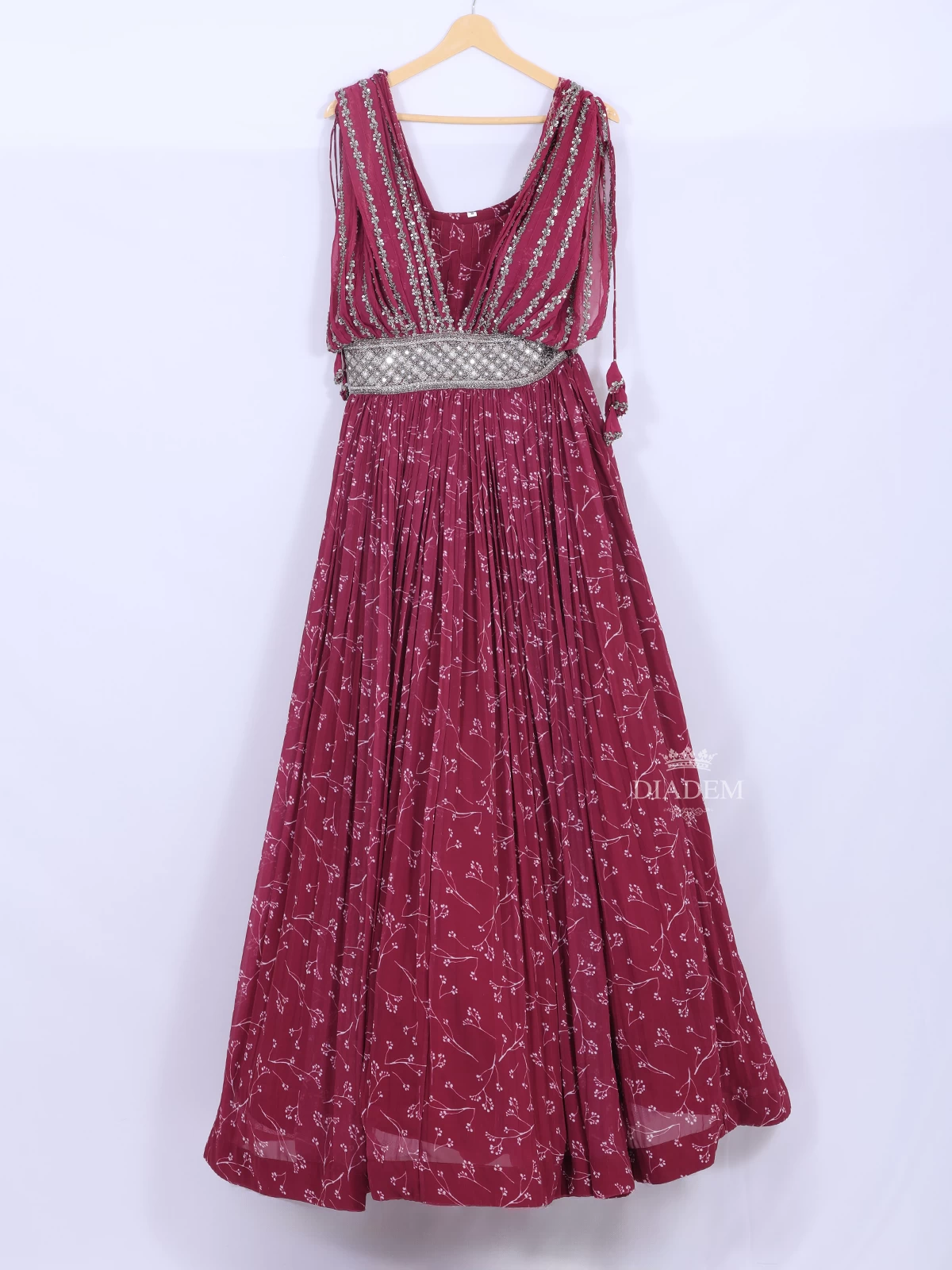 Dark Red Georgette Gown Embellished with Floral Prints and Embroidery