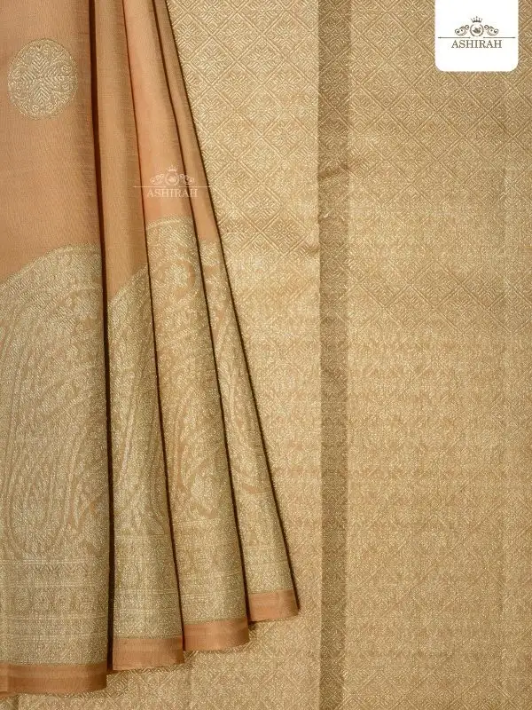Beige Pure Kanchipuram Silk Saree With Design Motifs On The Body And Zari Border