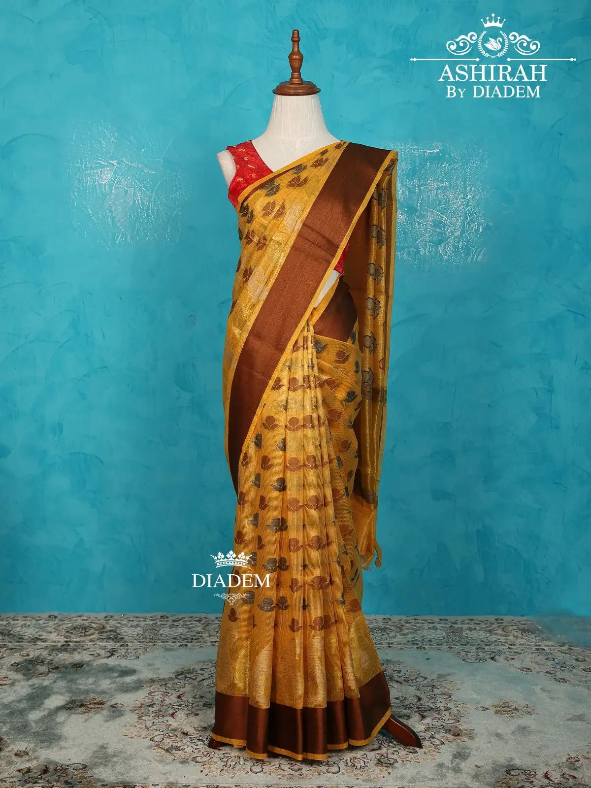 Yellow Kora Cotton Saree With Flower Prints On The Body And Thread Border