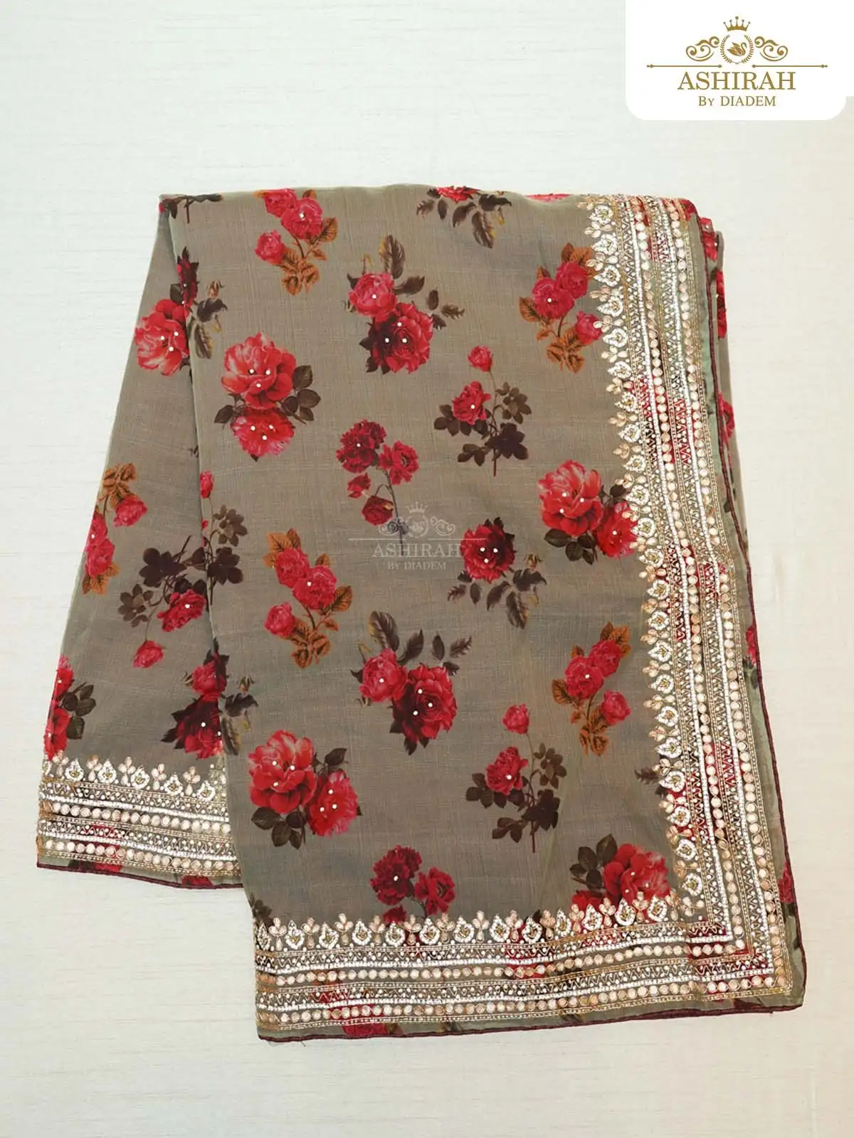 Grey Organza Silk Saree Embellished With Floral Prints And Design Border
