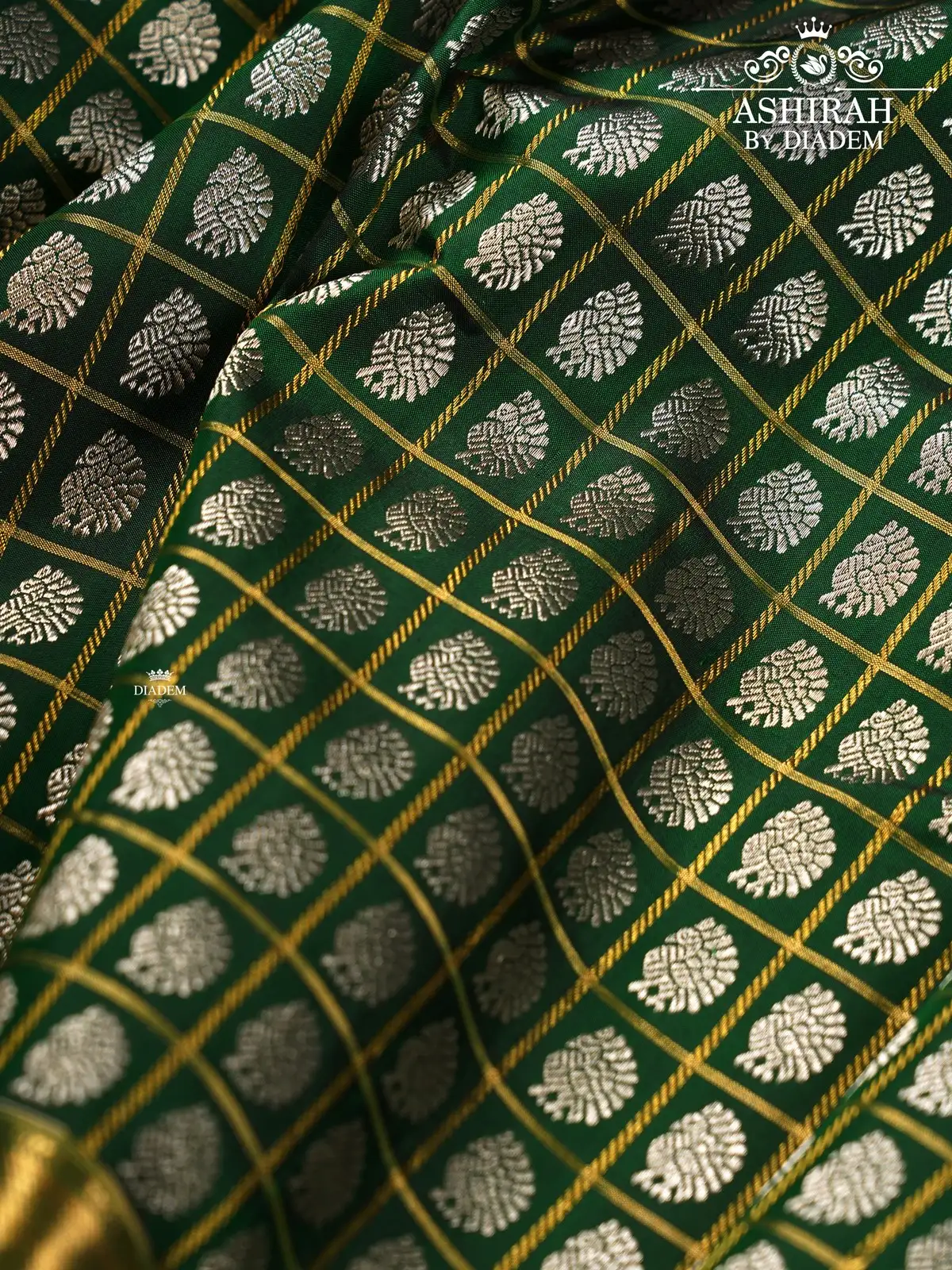 Dark Green Pure Kanchipuram Silk Saree With Checks And Peacock Motifs On The Body And Zari Border