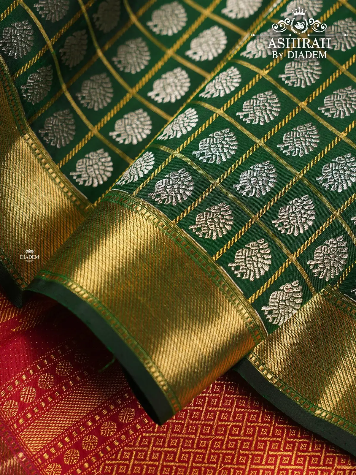 Dark Green Pure Kanchipuram Silk Saree With Checks And Peacock Motifs On The Body And Zari Border