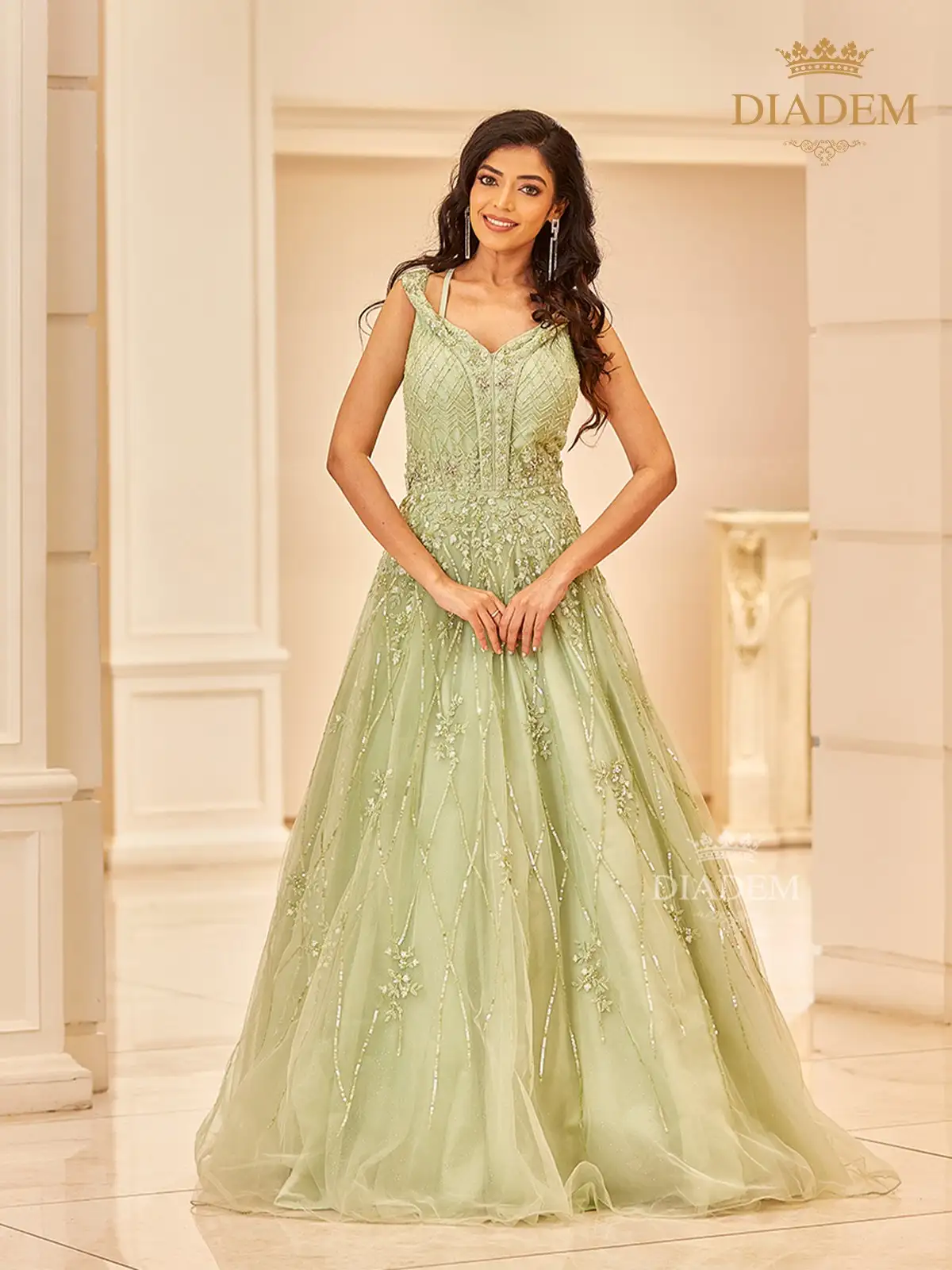 Pista Green Gown Adorned With Beads And Floral Design Stones