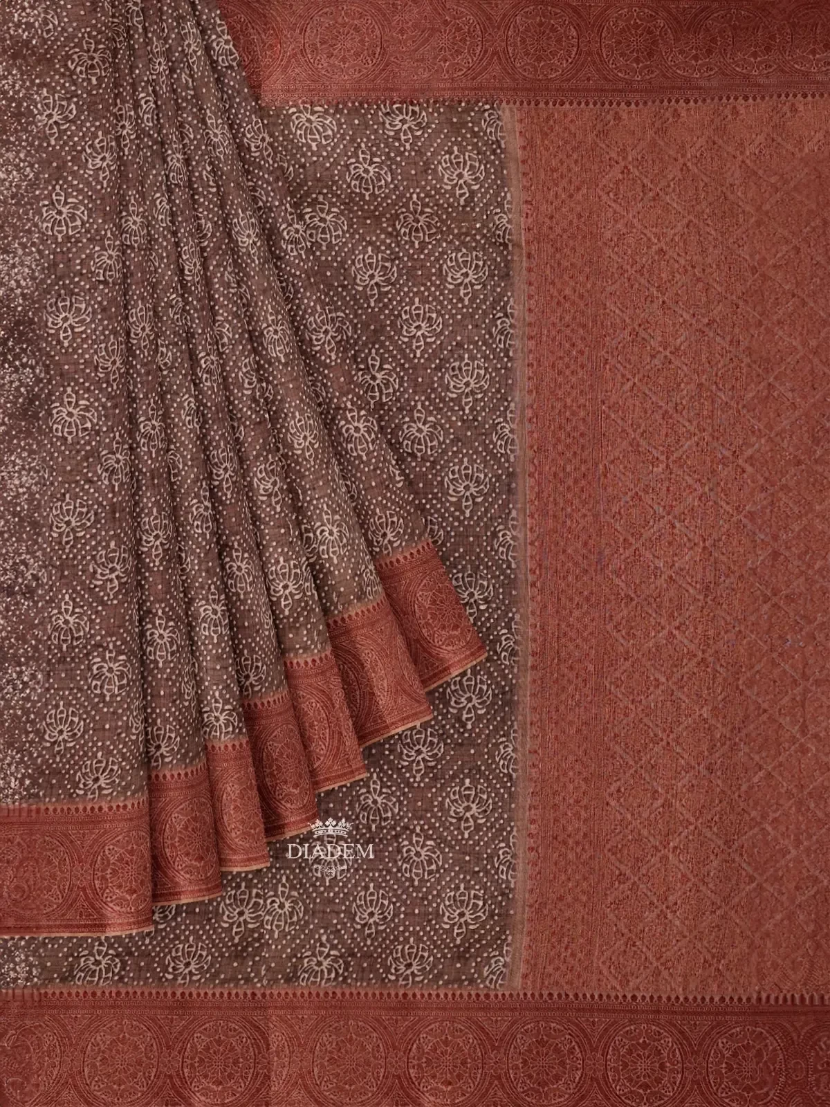 Brown Chanderi Silk Cotton Saree with Floral Prints on the body and Zari Border