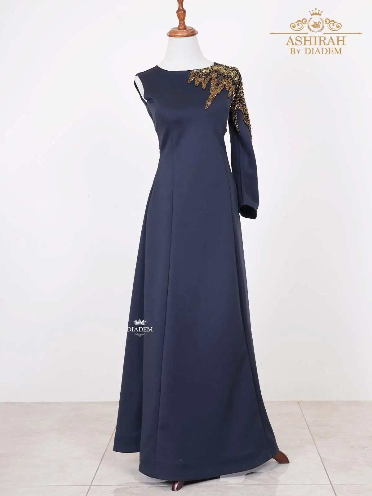 Dark Blue Gown Embellished With Sequins And Beads