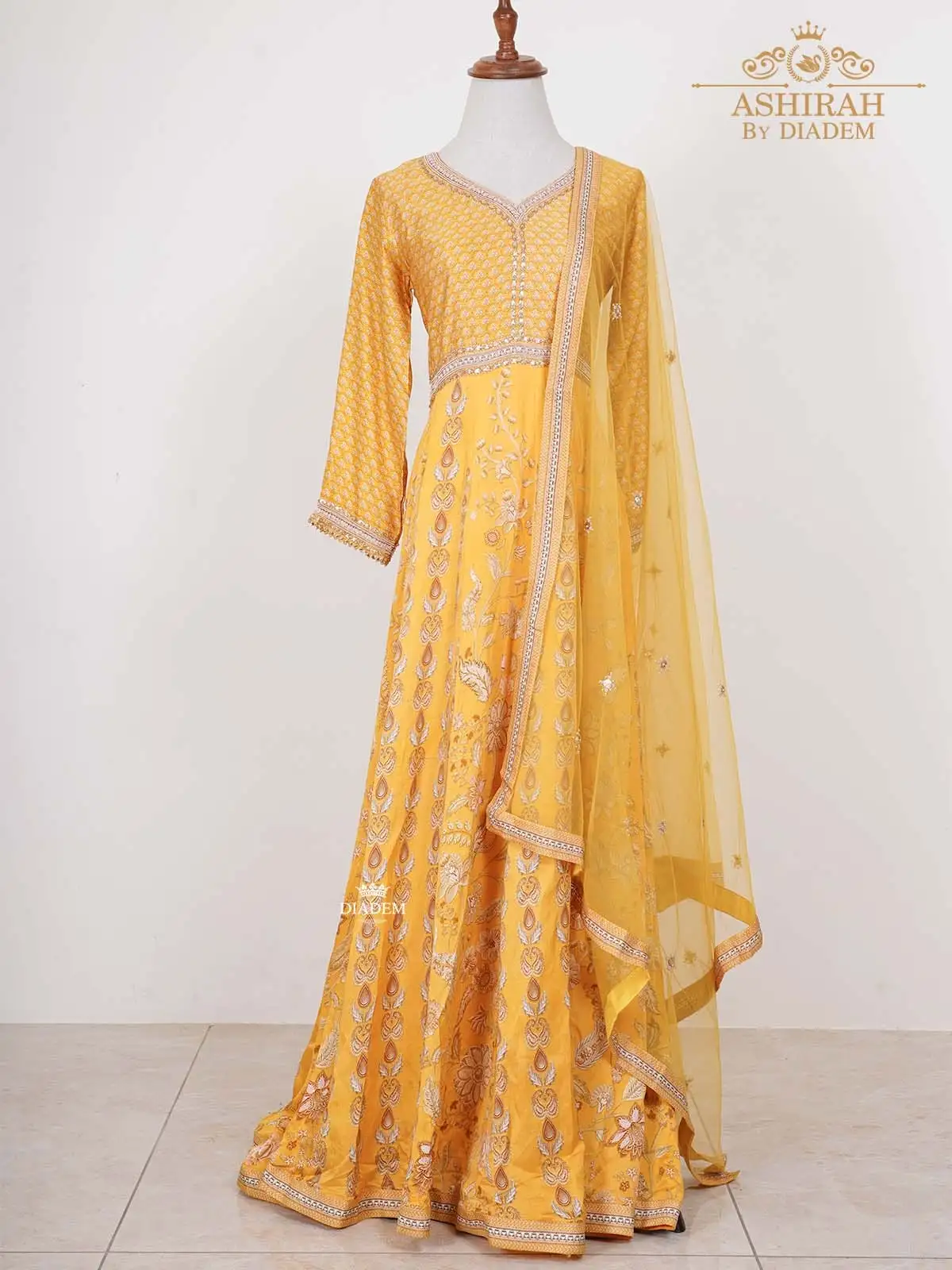 Light Mustard Anarkali Suit Adorned in Prints with Dupatta
