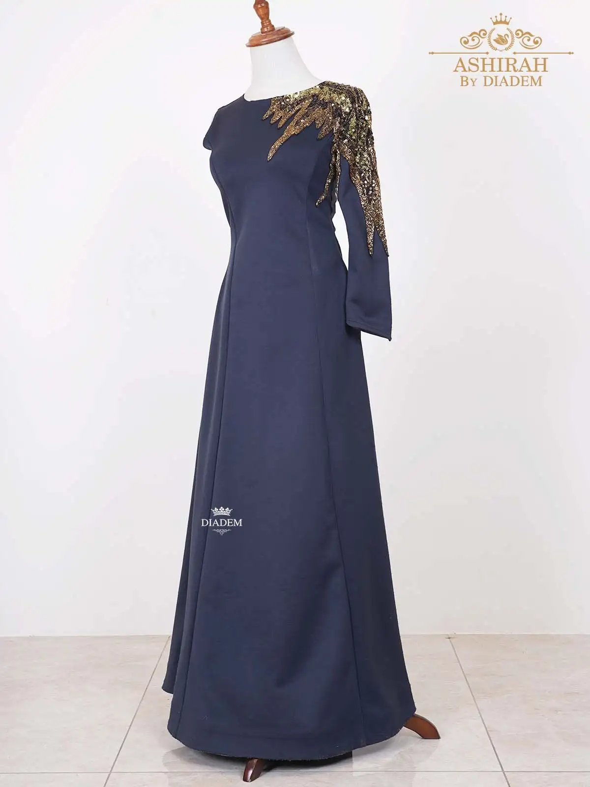 Dark Blue Gown Embellished With Sequins And Beads