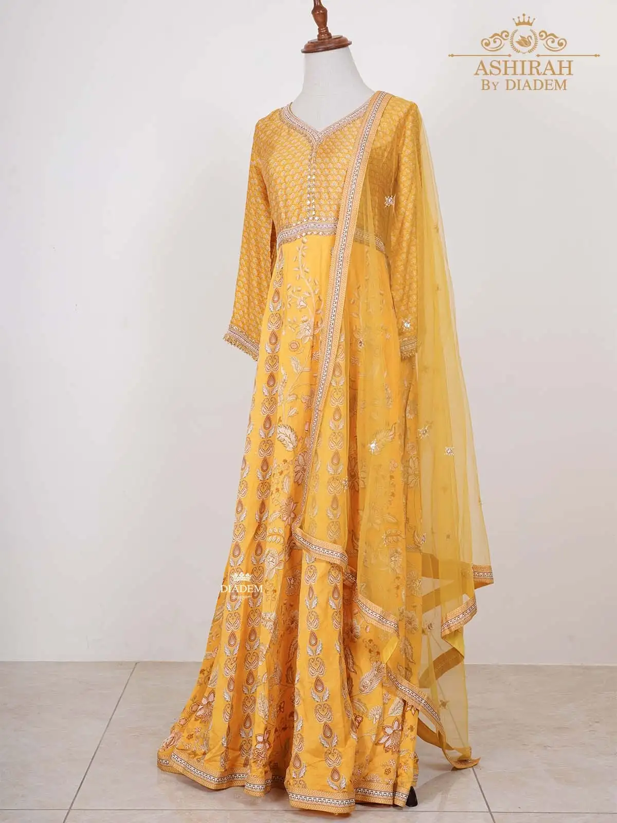 Light Mustard Anarkali Suit Adorned In Prints With Dupatta