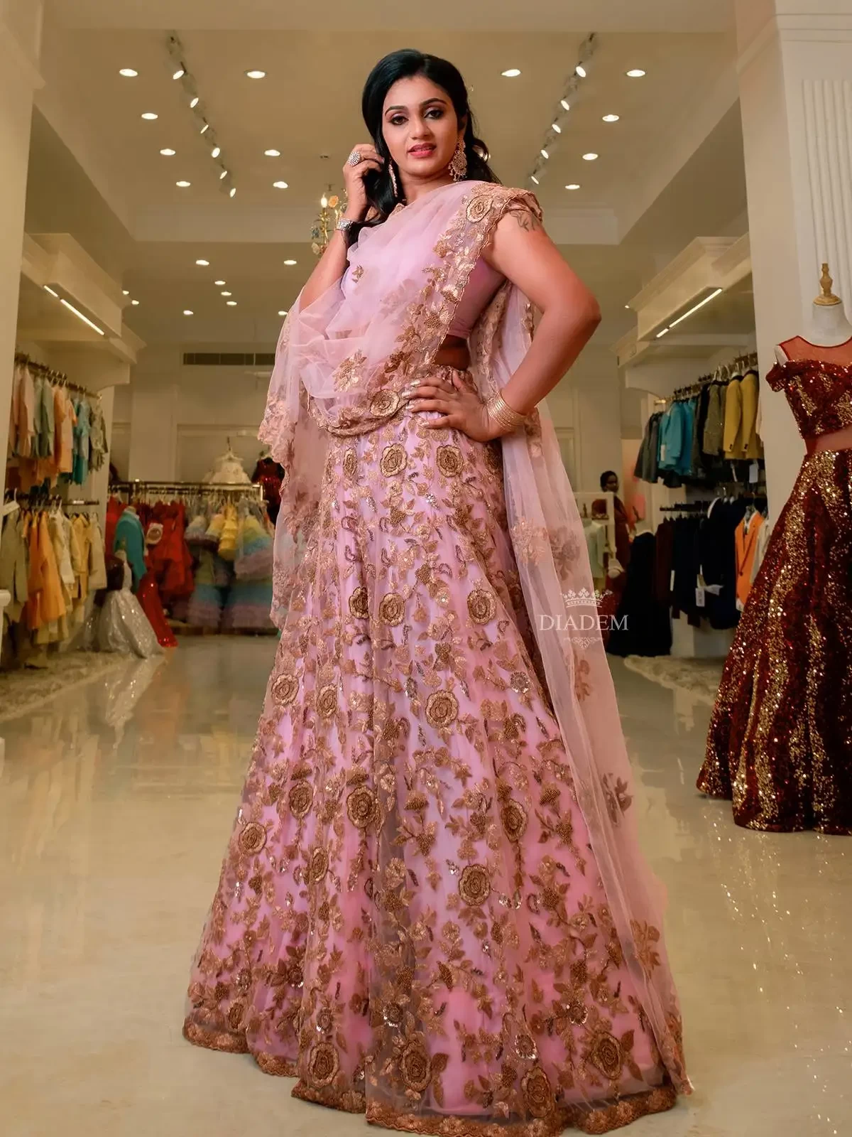 Light Pink Lehenga Embellished In Floral Zari Embroideries With Dupatta
