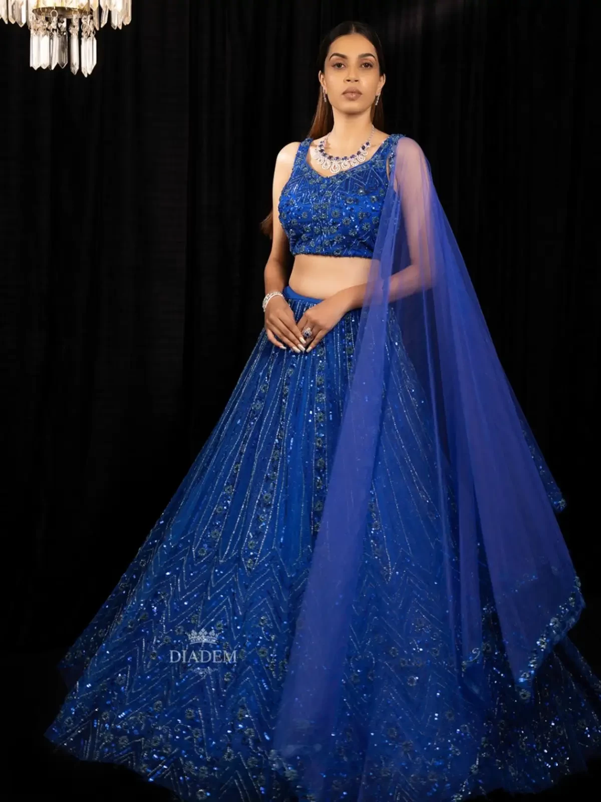 Royal Blue Lehenga Adorned In Floral Sequins And Beads With Dupatta