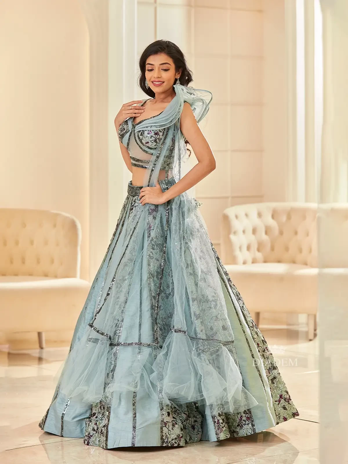 Light Blue Lehenga Embellished In All Over Sequins With Ruffled And Dupatta