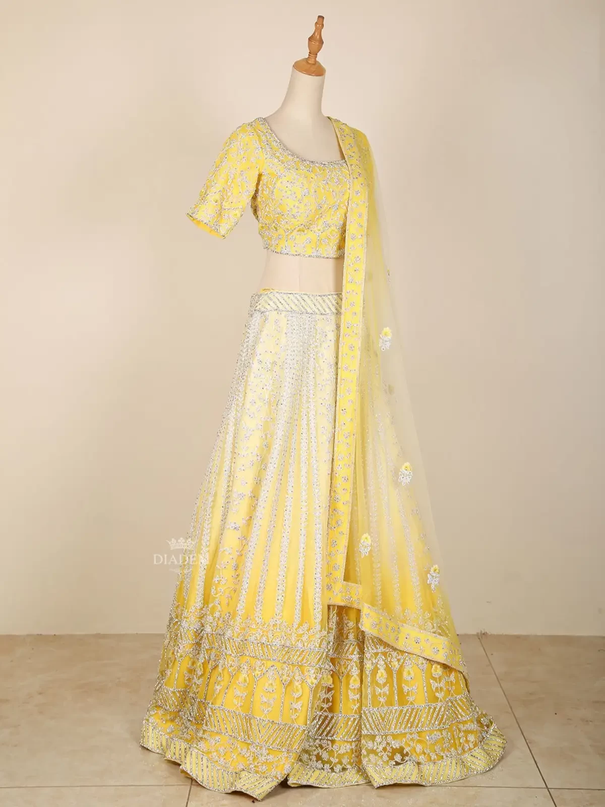 Yellow And Off White Ombre Lehenga Embellished In Floral Stones And Laces With Dupatta