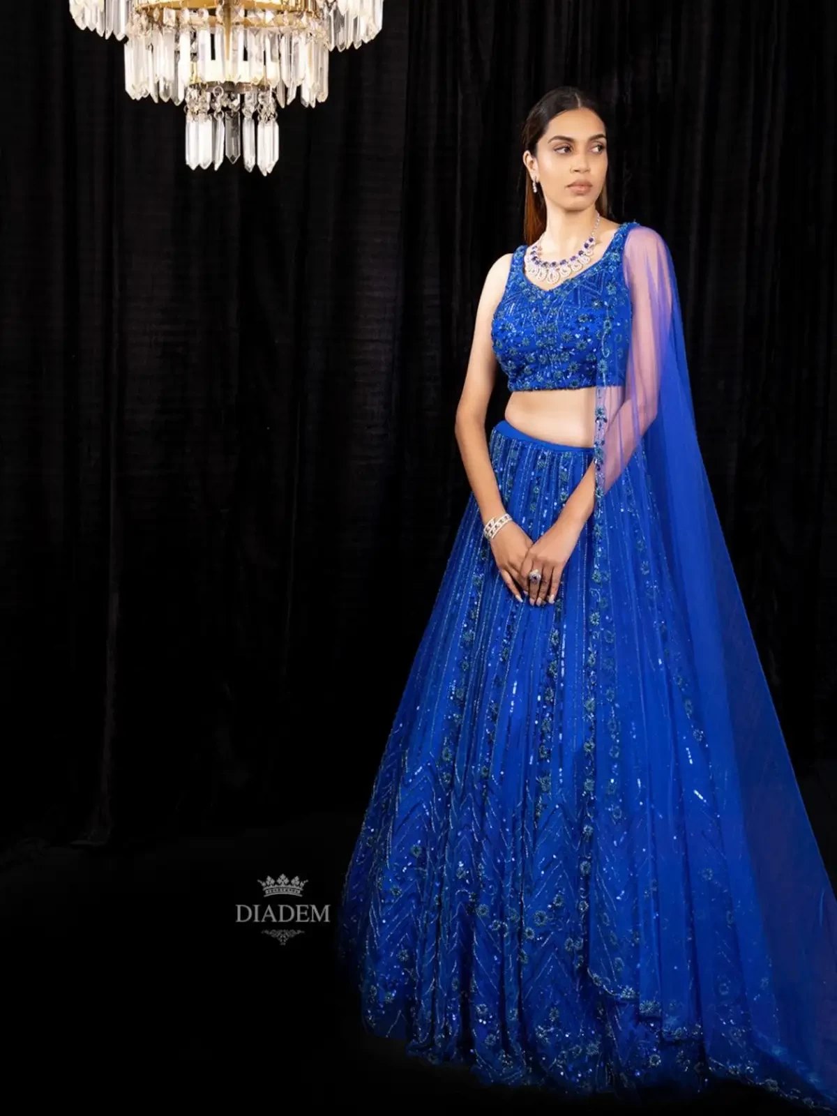 Royal Blue Lehenga Adorned In Floral Sequins And Beads With Dupatta