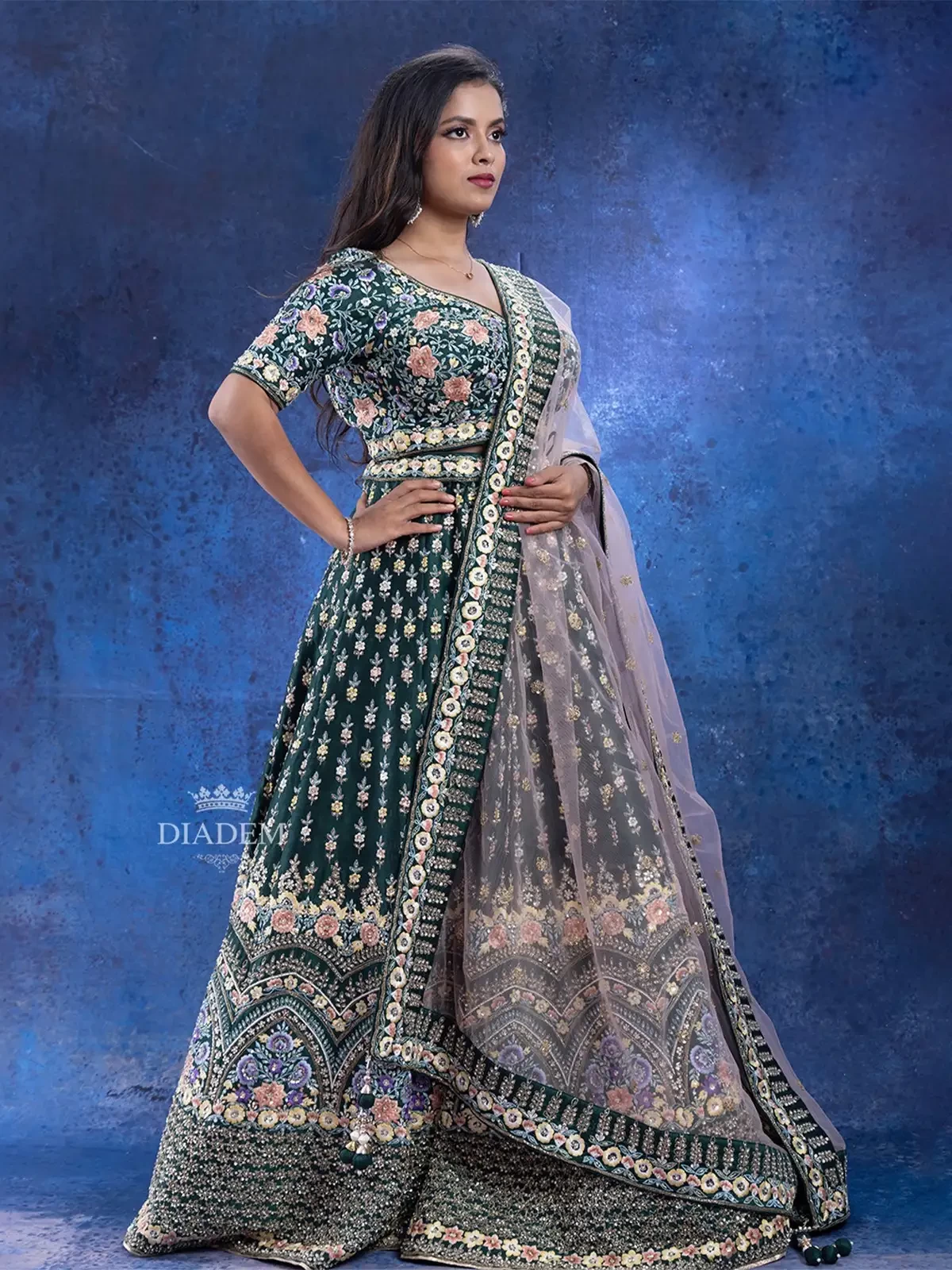 Dark Green Lehenga Adorned In Floral Thread Embroideries And Sequins With Dupatta