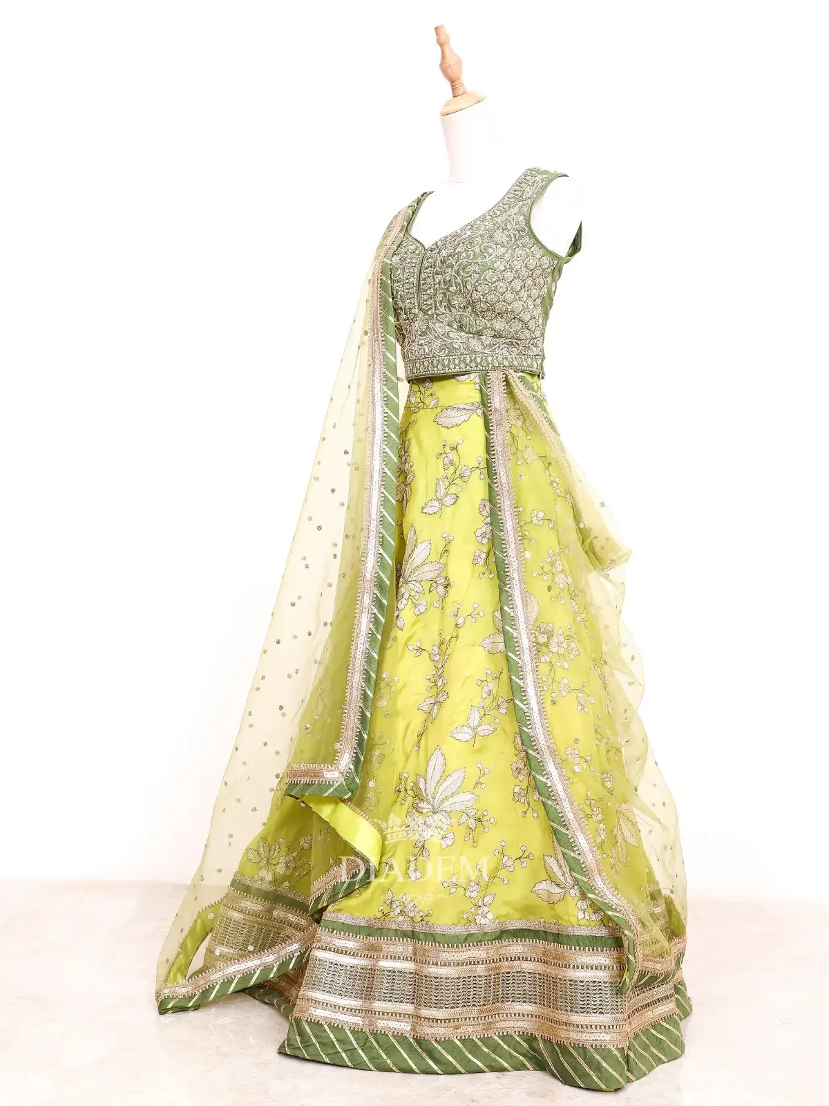 Olive Green Silk Lehenga  With Floral Embroideries And Dupatta