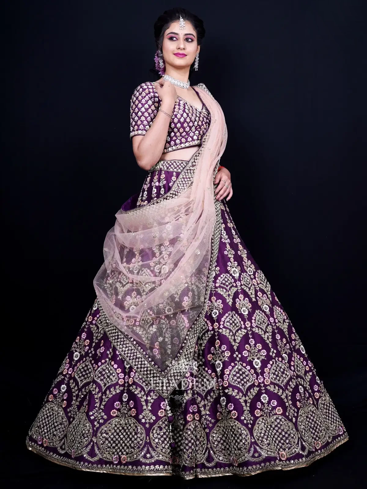 Dark Purple Lehenga Embellished In Floral Design Embroidery With Dupatta