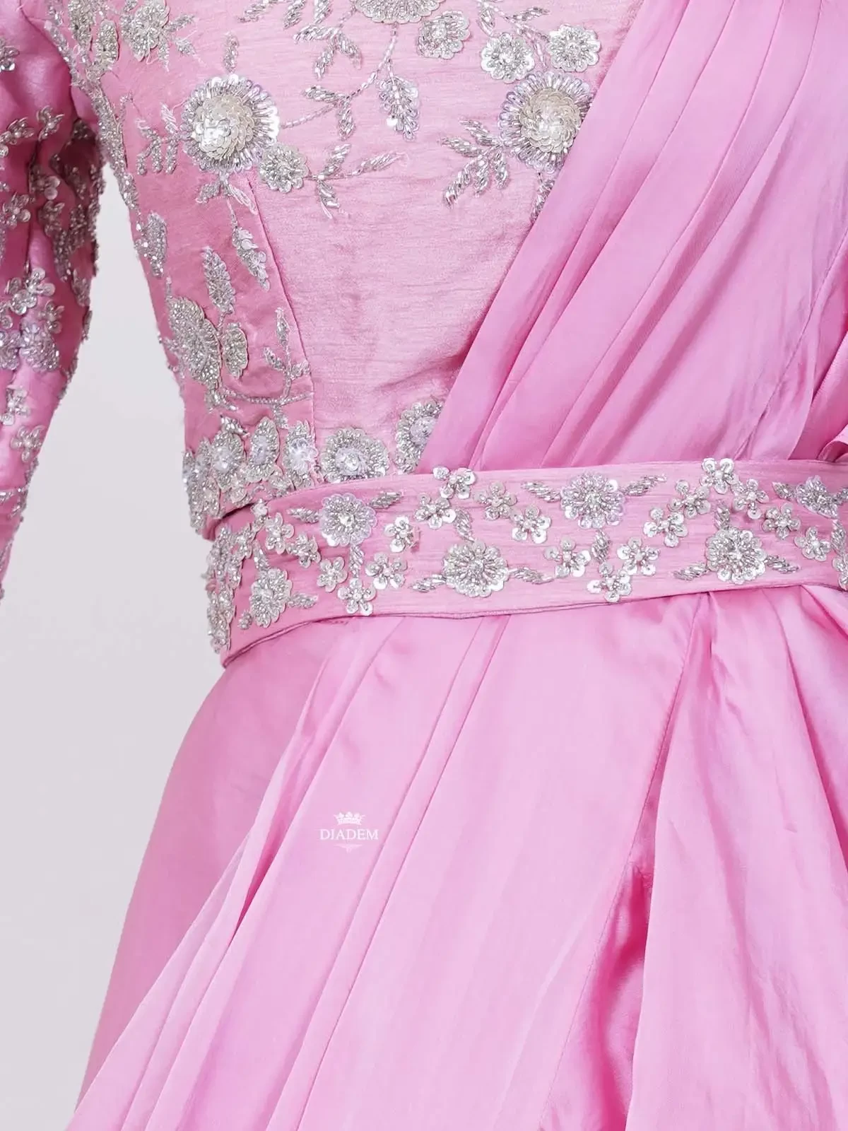 Pink Drape Lehenga Embellished In Floral Sequins And Beads With Waist Belt