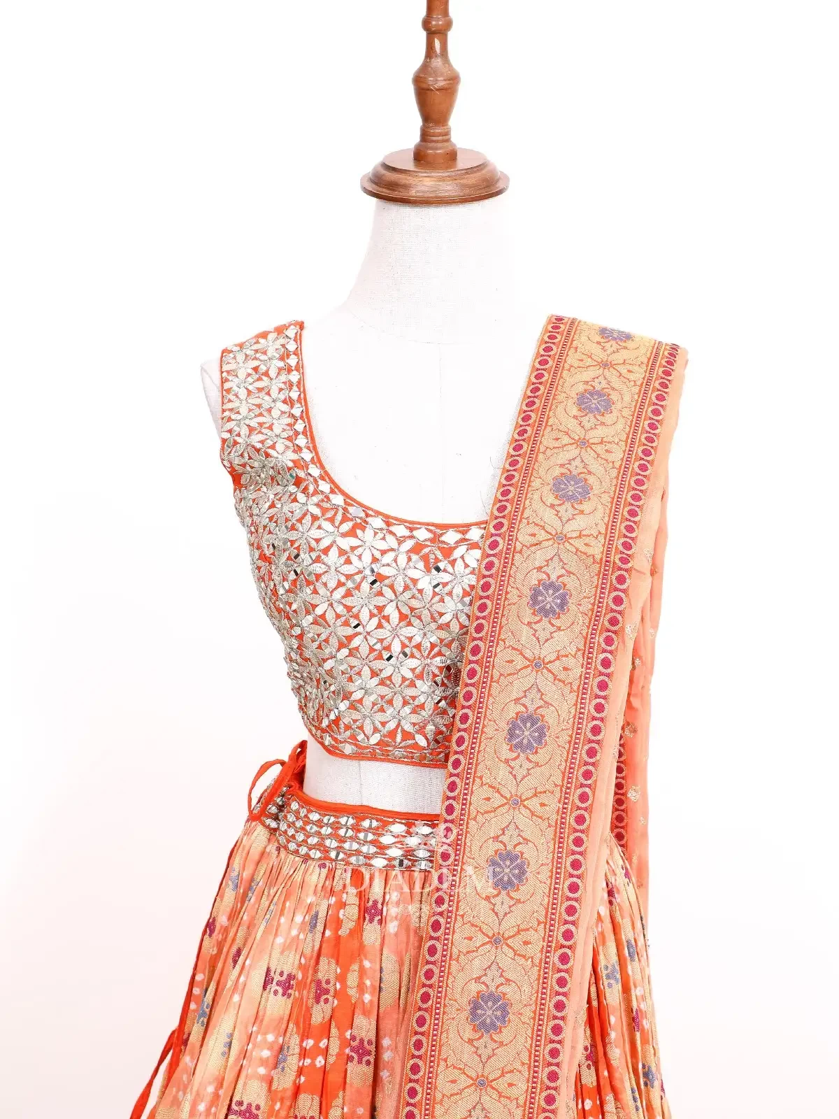 Orange Printed Lehenga In Banaras With Embroidered Dupatta
