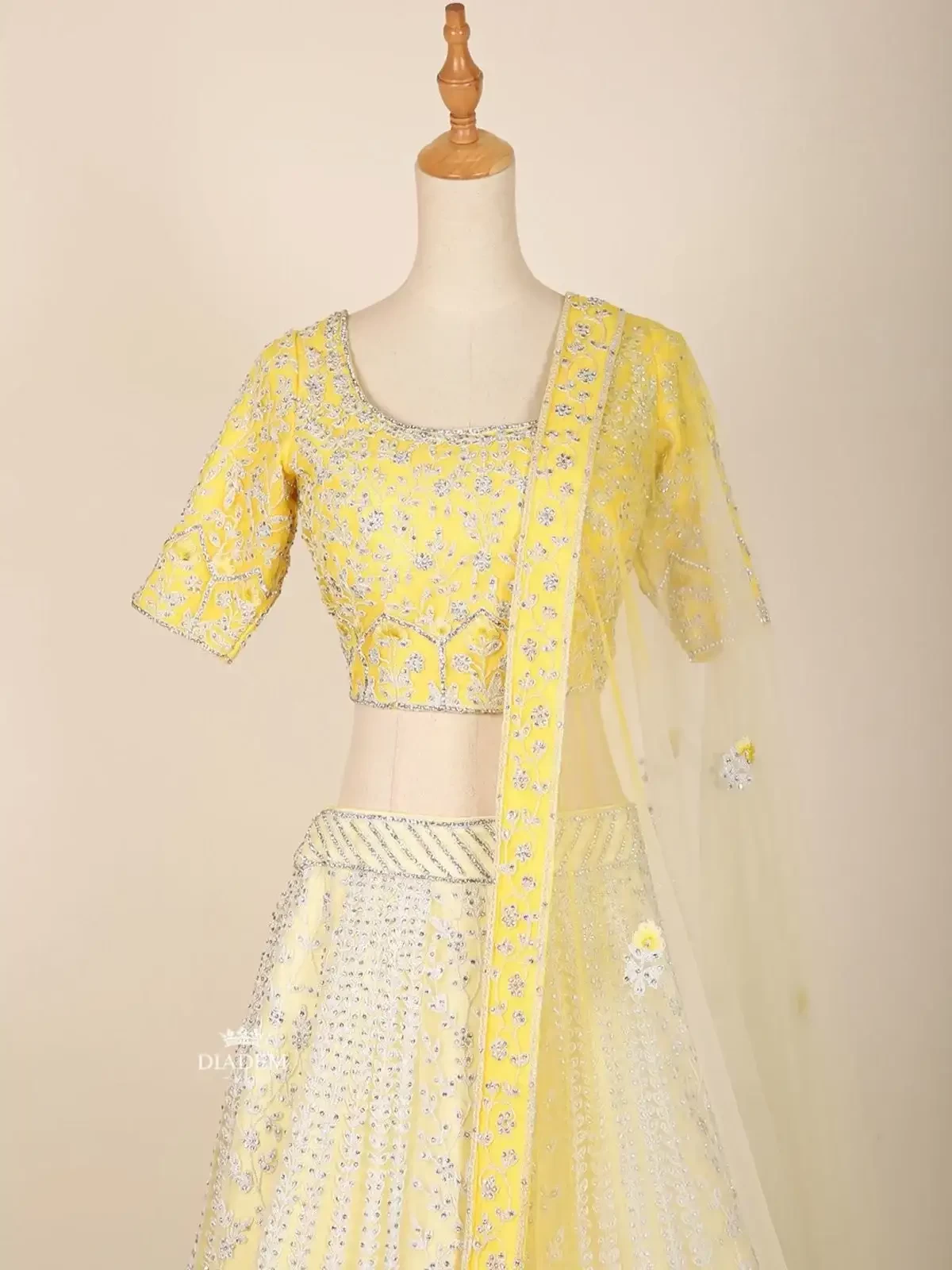 Yellow And Off White Ombre Lehenga Embellished In Floral Stones And Laces With Dupatta