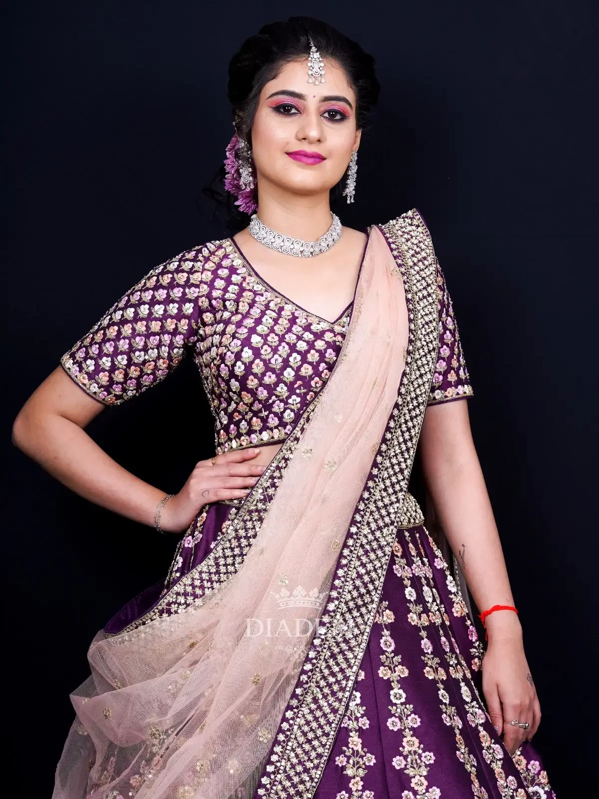 Dark Purple Lehenga Embellished In Floral Design Embroidery With Dupatta