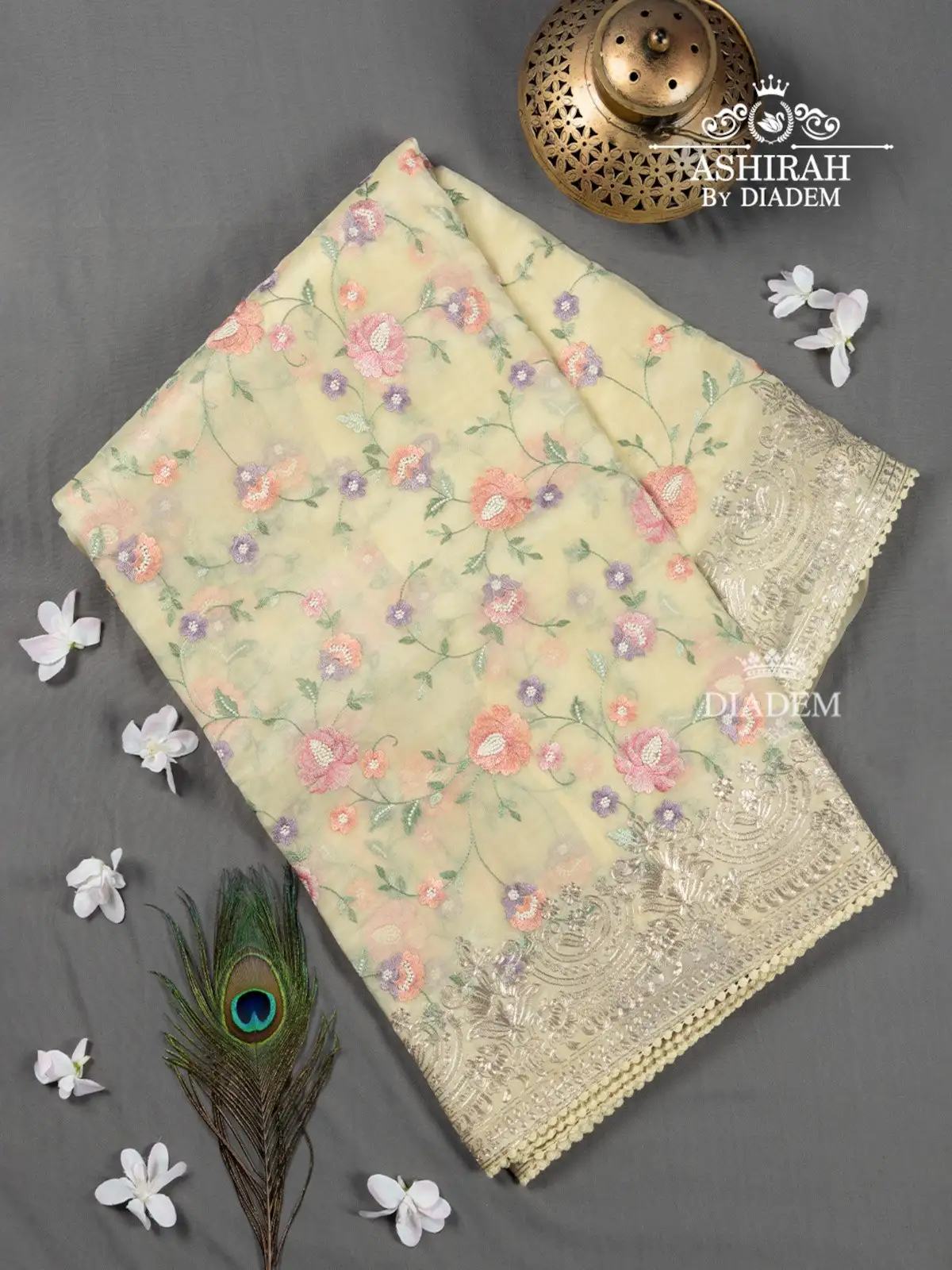 Light Yellow Organza Silk Saree Embellished With Floral Thread And Zari Embroideries