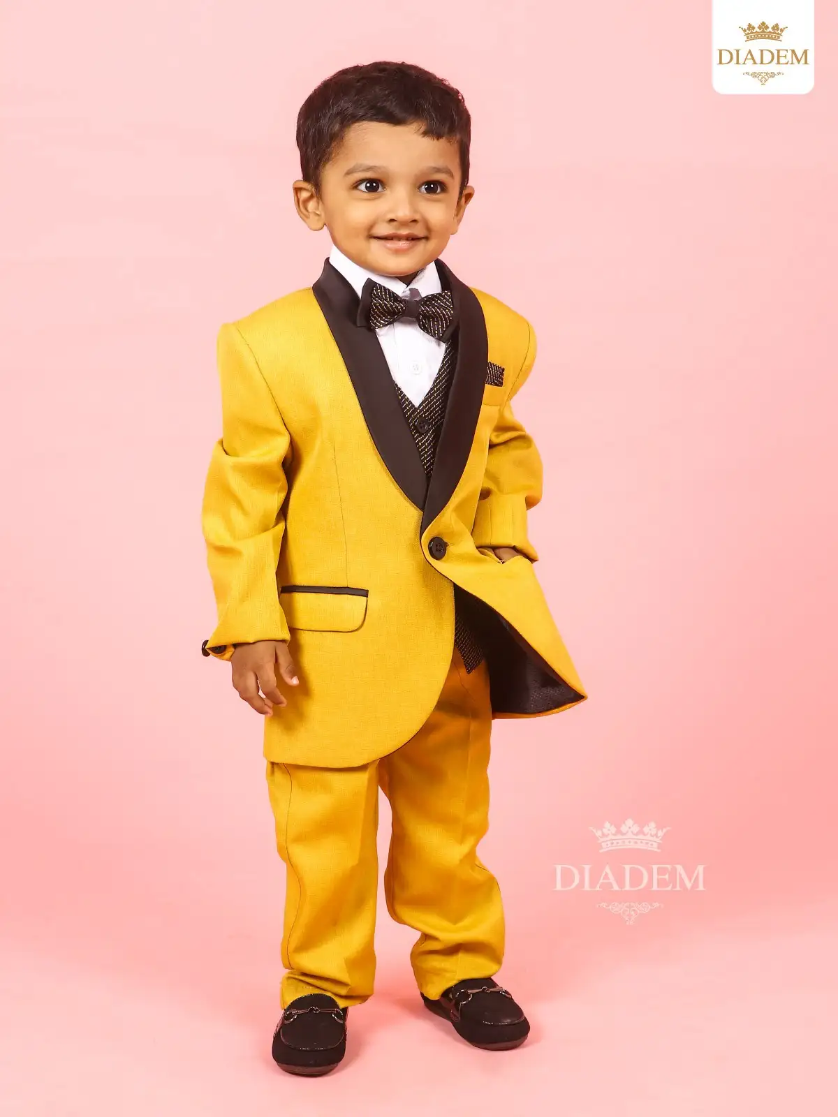 Mustard Yellow Blazer Jacket In Tuxedo Pattern And Trouser Set With Bow
