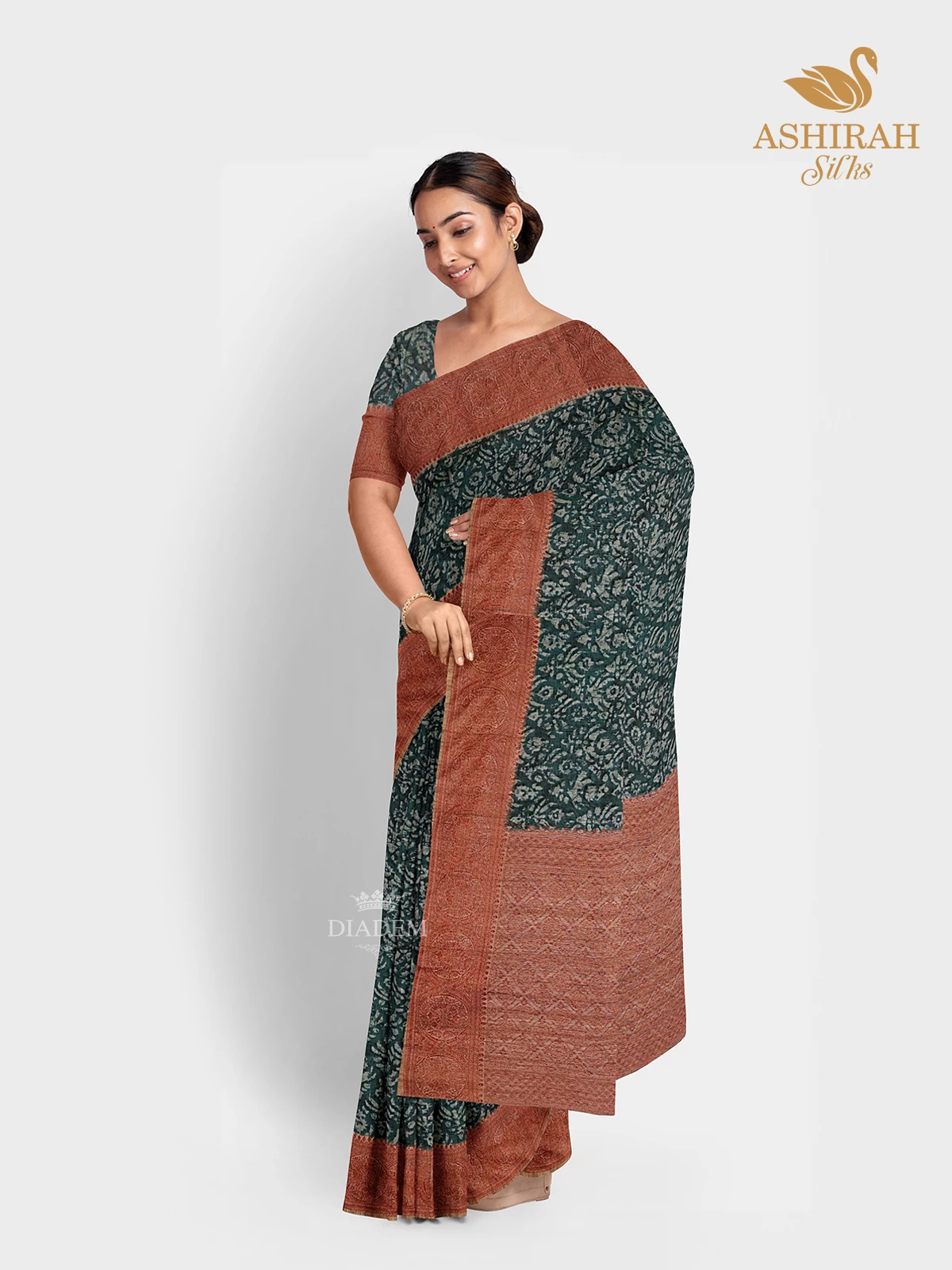 Peacock Green Chanderi Silk Cotton Saree with Floral Prints on the body and Zari Border