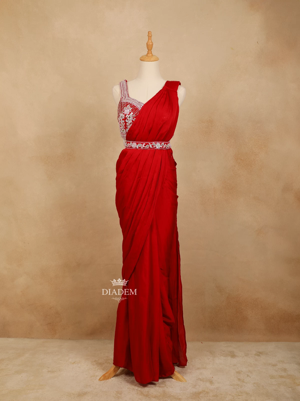 Red Satin Saree with Plain Body and Designer Blouse with Waist Belt