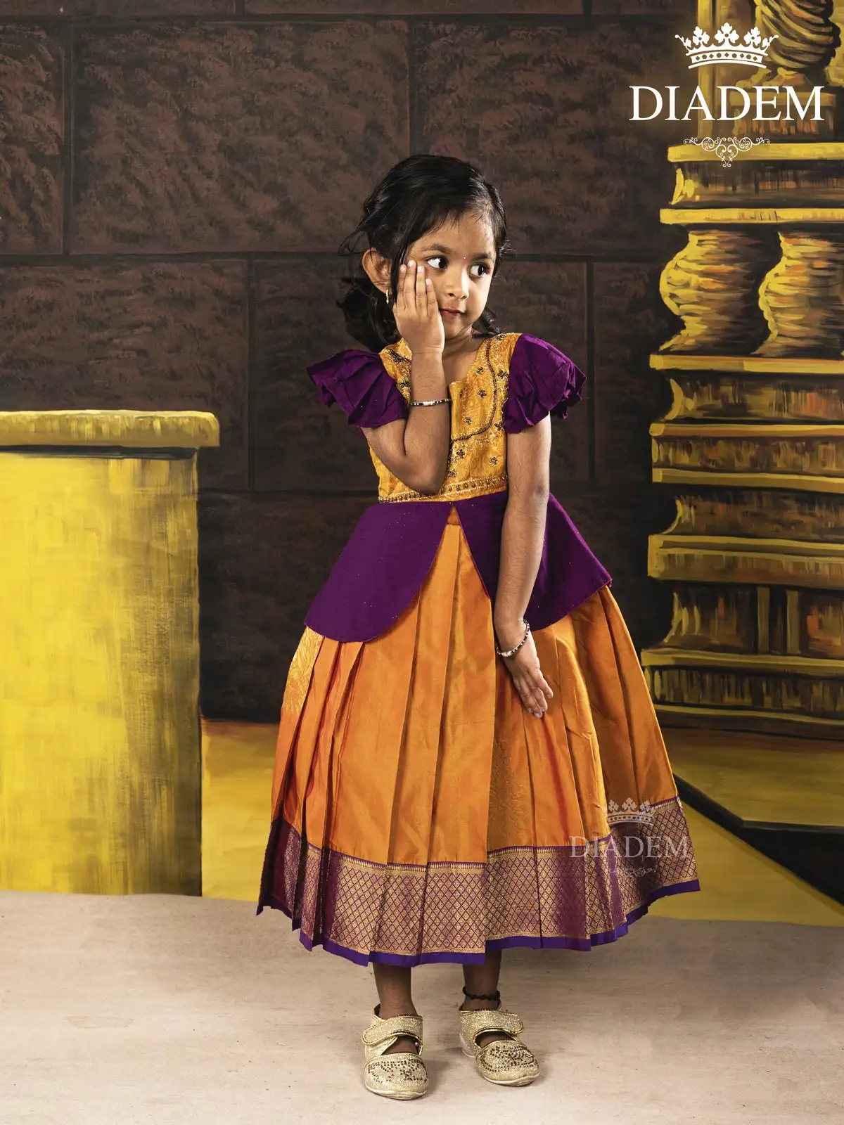 Orange With Purple Pattu Pavadai And Embroidery Top Adorned In Zaris